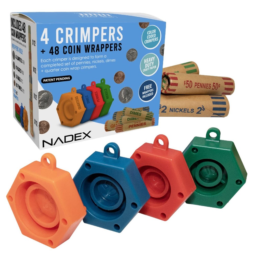 48 Assorted Preformed Crimped End Coin Roll Wrappers with Color Coded Coin Wr...