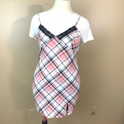 Girls Twofer Dress Dusty Rose Plaid Knee Length Short Sleeve Lace Slit XXL  New | eBay