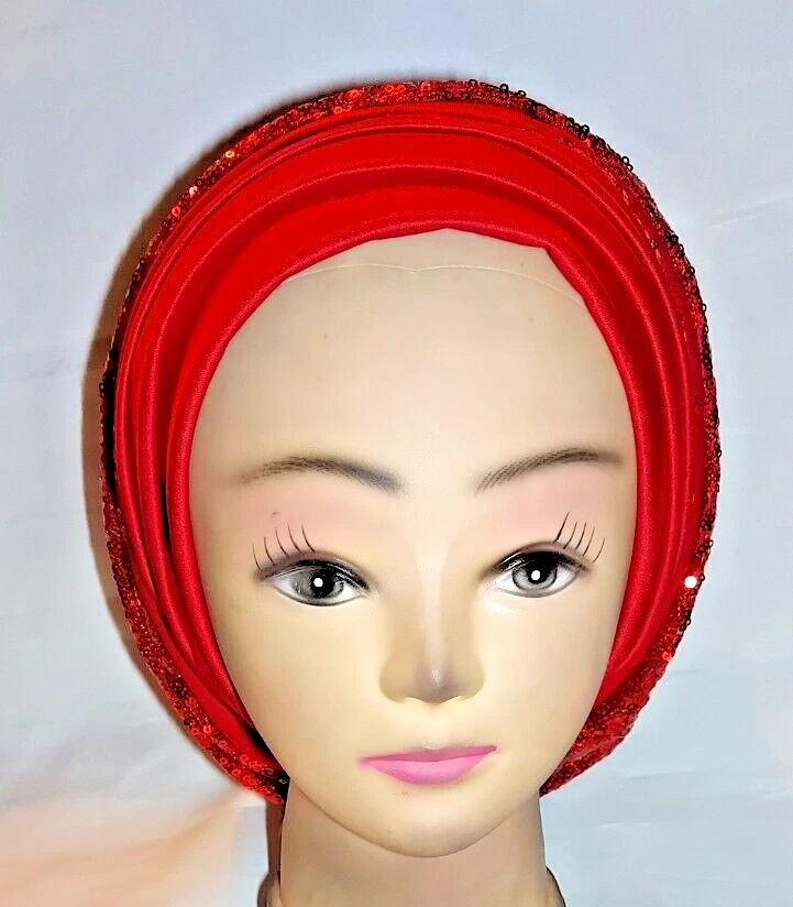 Premium Sequin turban cap, red auto gele women fashion turban, African autogele