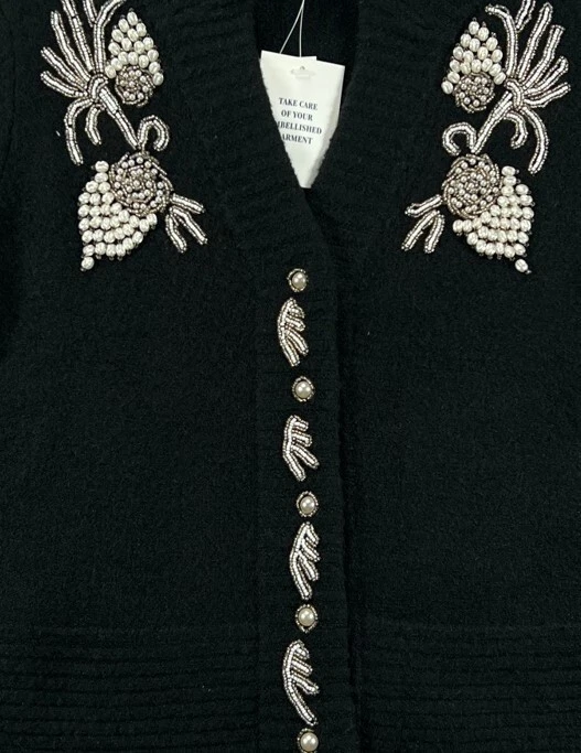 Boston Proper Pearl Cardigan Womens Small Sweater Black Wool Blend Beaded NWT - Image 2 of 4