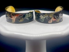 Vintage Earrings For Pierced Ears - Large Hoop Black with Colored Swirls