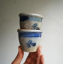 Pair (2) Miniature 1987 Rowe Pottery Works Salt Glazed Crocks 2 1/4"