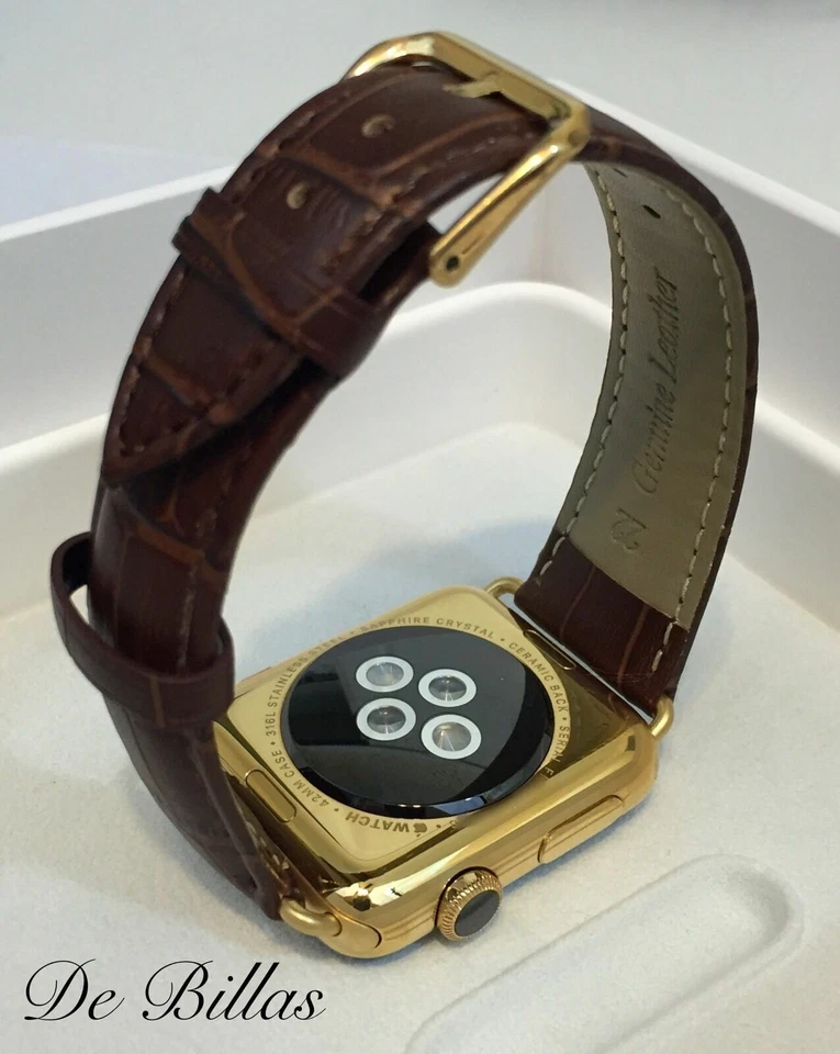 24K Gold Plated 42MM Apple Watch SERIES 2 Crocodile Brown Leather Gold Buckle - Image 4 of 4