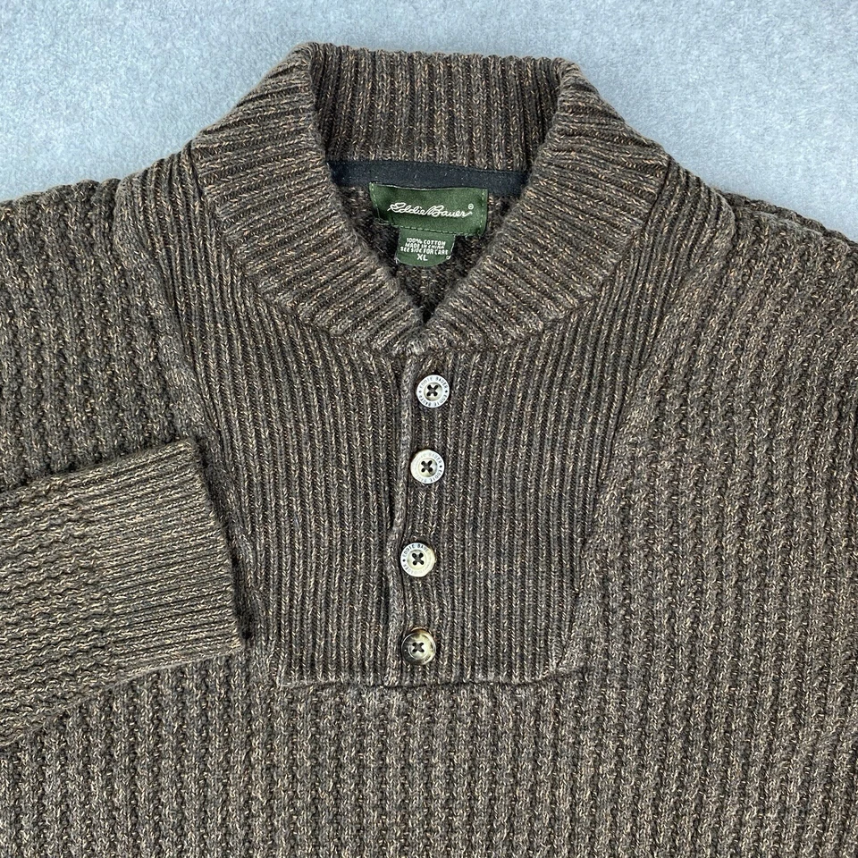 Vintage EDDIE BAUER Henley Fisherman’s Sweater Men’s XL Brown Cotton Corporate - Image 2 of 4