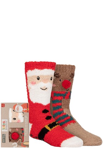 Boys & Girls 2 Pair Totes Chunky Christmas Novelty Slipper Socks - with Pom Poms - Picture 1 of 6