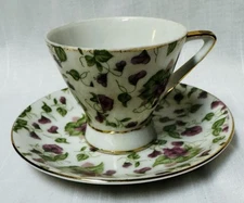 Vintage Japan Footed Demitasse Cup & Saucer Violets Gold Trim