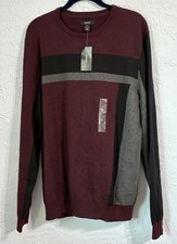 NWT ALFANI Men's Port WineRed Colorblock Crewneck Cotton Pullover Sweater Large