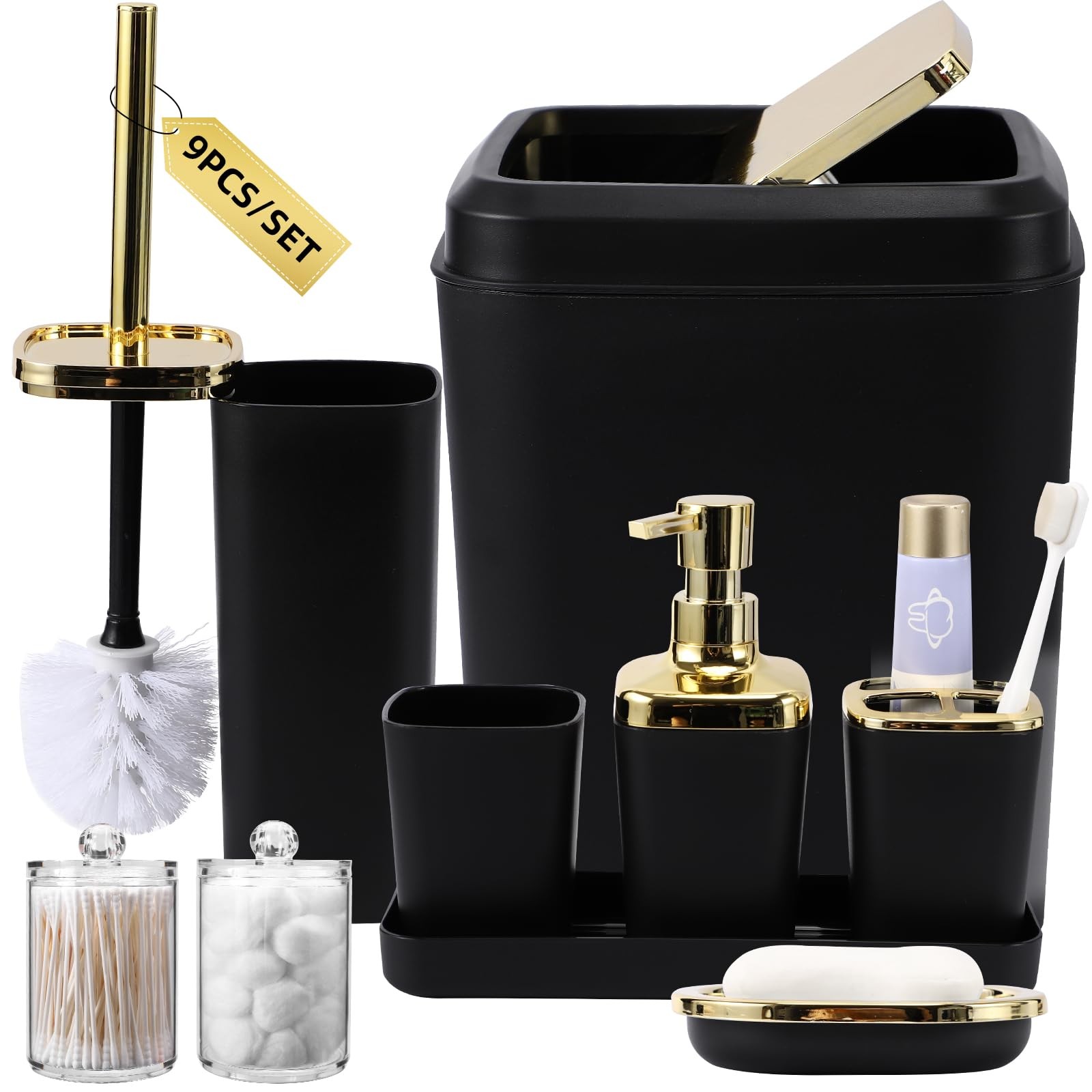 Black and Gold Bathroom Accessories Set with Tray