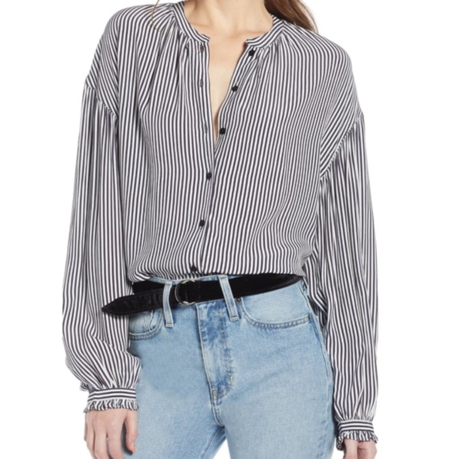 Something Navy Striped Button Front Long Sleeve T… - image 1