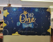 1st Birthday Decoration Mr. Onederful Banner 36" x 58" Blue, White,  Gold 