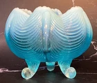 VTG FENTON ART GLASS ROSE BOWL OPALESCENT BLUE DRAPERY TRI-FOOT W. VIRGINIA, USA