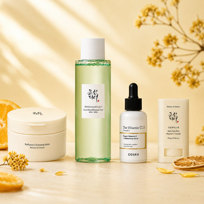 K-Beauty Vitamin C Serum Set AHA BHA SPF50+ Glow Mischhaut Fettige Haut 4-tlg.