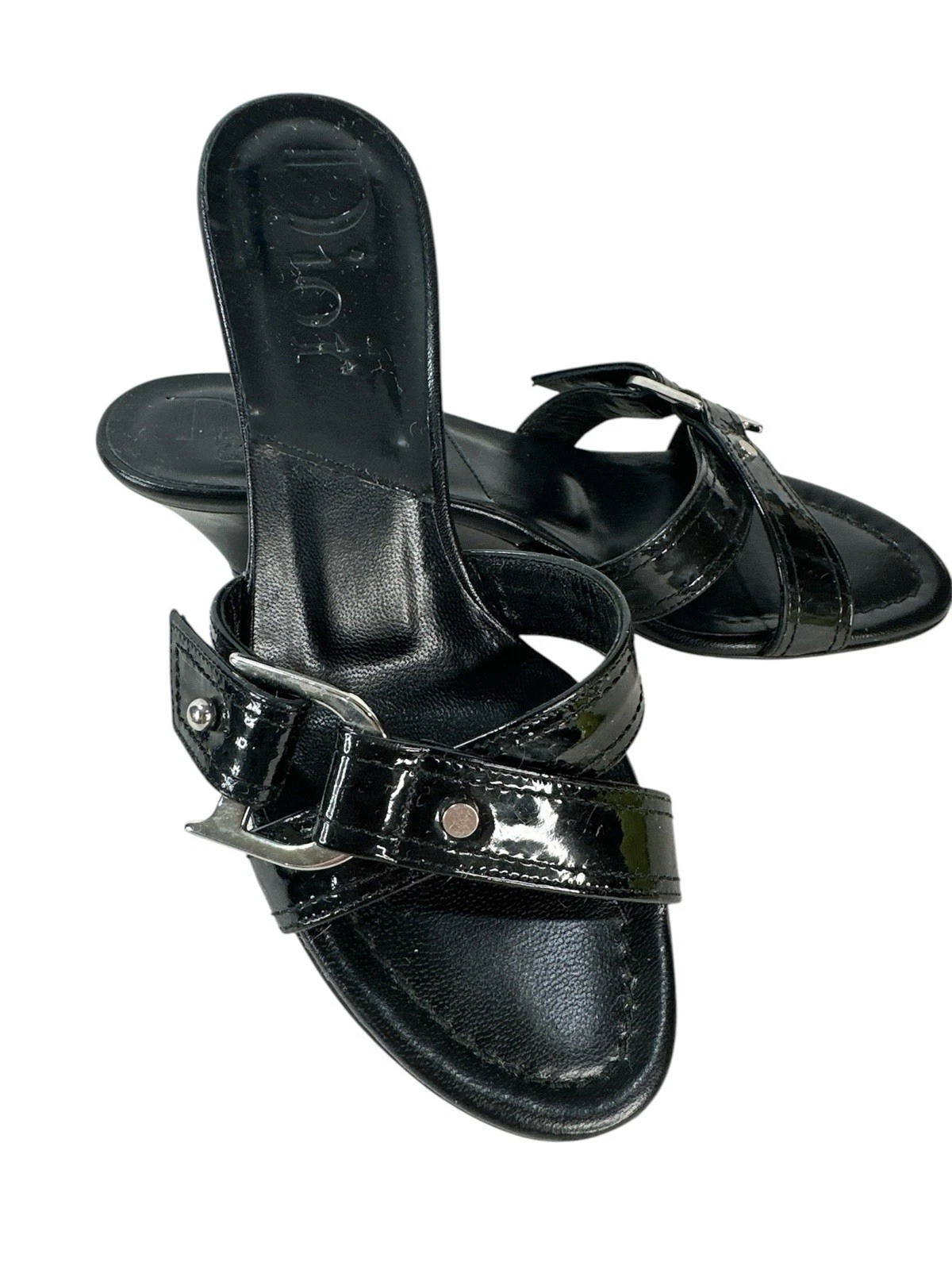 Sandales compensées CHRISTIAN DIOR en cuir verni noir boucle argentée D taille 35 US 5