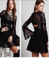Free People Lace Lovers Flock Song Dress 12 Boho Bell Sleeve Mini Black Hippie