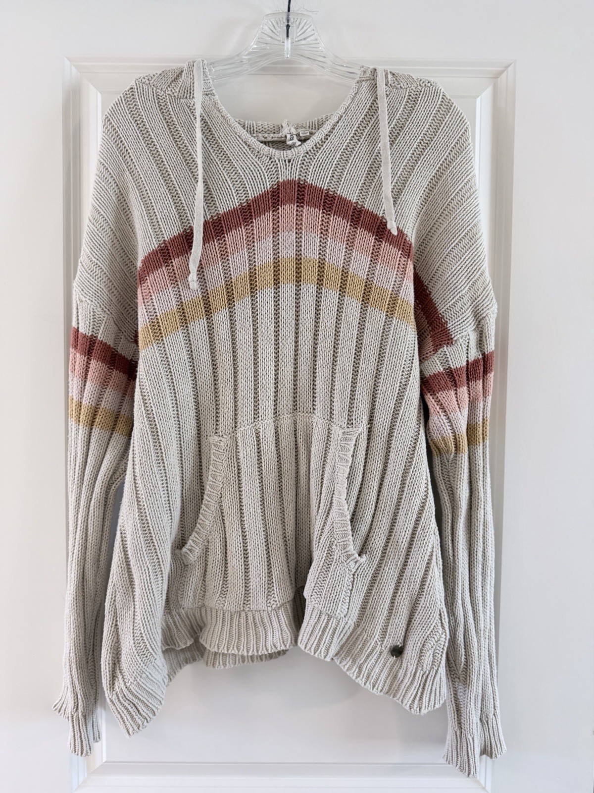 Rip Curl Hooded Chunky Knit Sweater Cream Stripe Surf Pullover Size Small