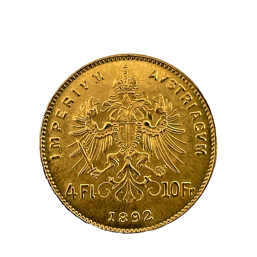 Austria 1892 4 Florin 10 Francs GEM BU. Franz Joseph .900 Gold