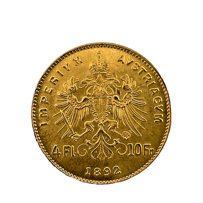 10金or10金★ブラジル産エメラルド Austria 1892 4 Florin 10 Francs GEM BU. Franz Joseph .900 Gold