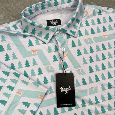 Waggle Fox Holes Polo Shirt Mens Large White Green Fox Print Stretch Performance