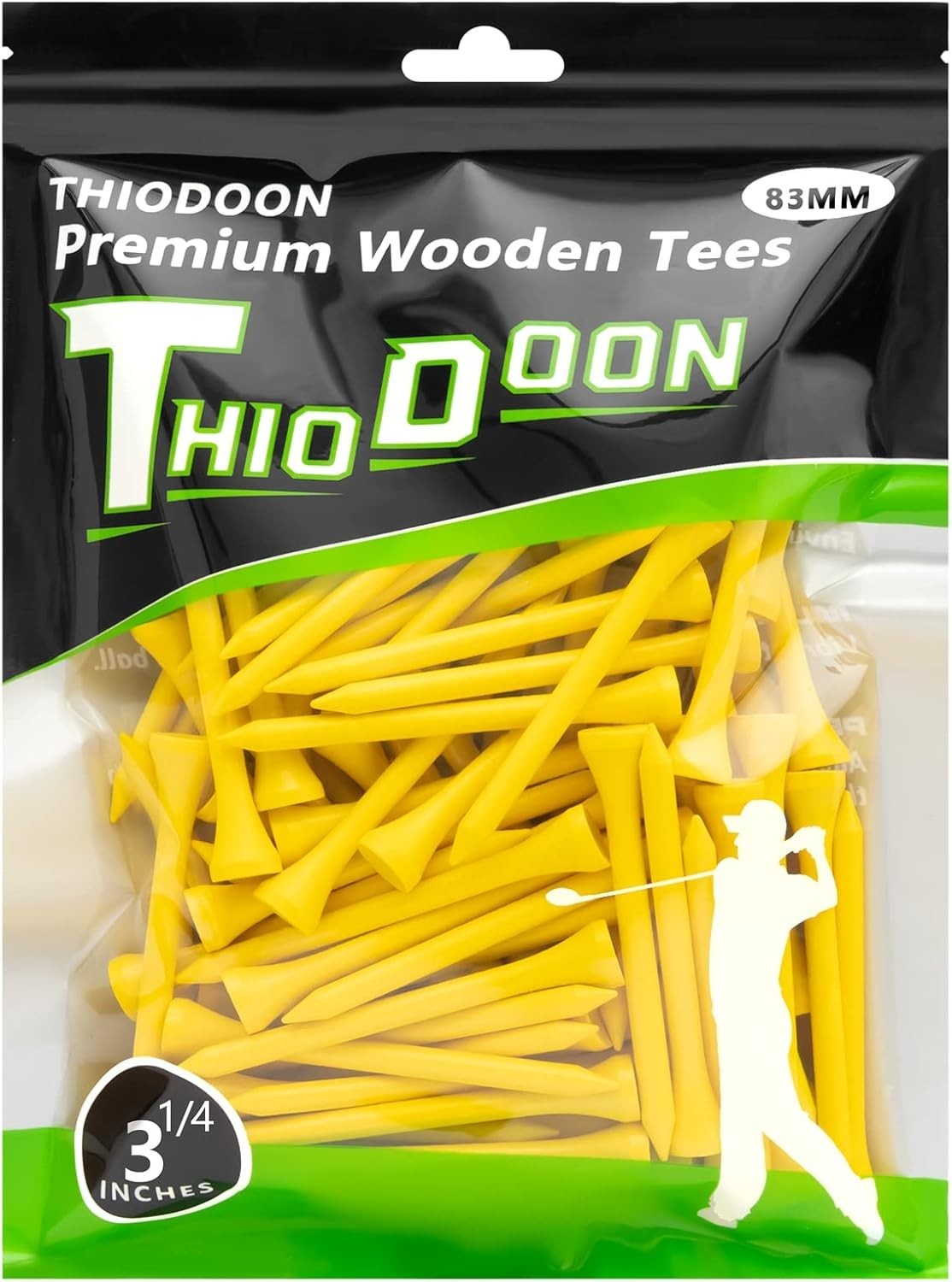 THIODOON 100x Golf tees Less Friction Natural Wooden Tees Golfer Yellow 83mm