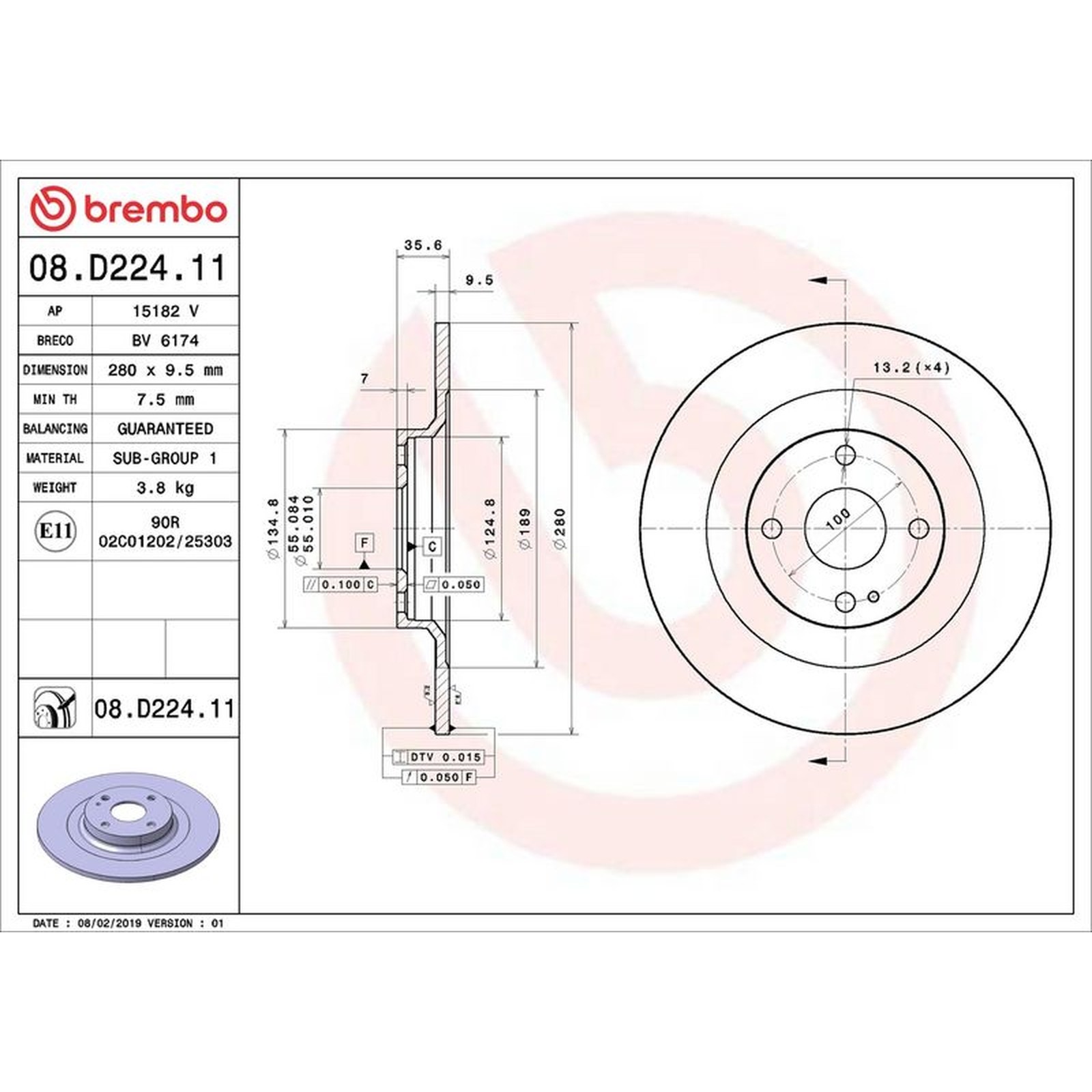 2x Brake Discs Pair Rear Solid 280mm 08.D224.11 Brembo Prime N25126251 - Image 10