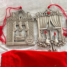 Avon Pewter Christmas Ornaments Set 2008 Window 2009 Fireplace Silver Tone