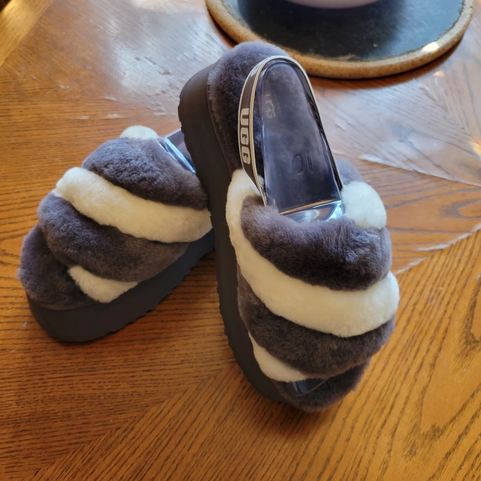 Новый UGG серый белый комбо диско полоски платформе шлепанцы женский размер 10 - Изображение 2 из 4