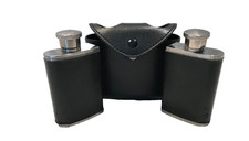 DOUBLE HIP FLASK IN FAUX LEATHER CARRY POUCH 2 x APPROX 2oz EACH