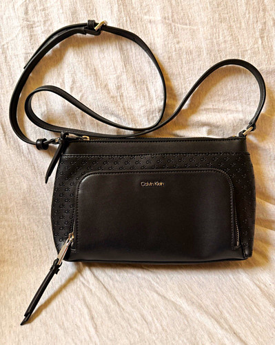 Calvin Klein Black Logo Crossbody Bag Zip Closure Silver Hardware