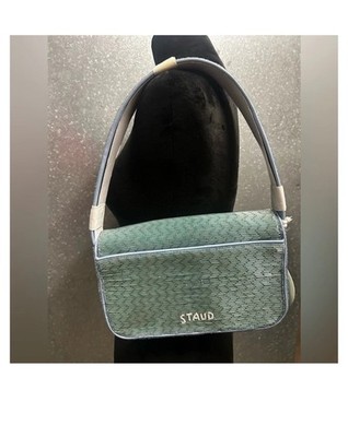 STAUD Tommy Beaded Shoulder Bag Blue Metallic Flap Hand Beaded Purse
