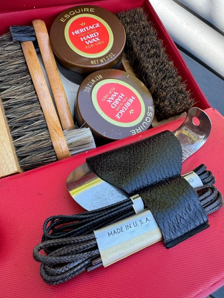 Kit de peluquería de zapatos Esquire Ambassador vintage años 60 estuche de cuero pulidora de cepillo EE. UU. Foto 2 de 4