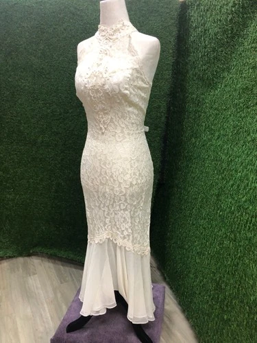 Modern Vintage Hi Lo Lace Wedding Dress, 1920's Flapper Boho Pearl Choker Halter