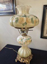Vintage GWTW Hurricane Parlor Lamp Set with Two Matching Accent Lamps, Hand-Painted Rose Motif Milk Glass