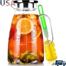 High Borosilicate Glass Pitcher W/ Lid Heat Resistant Easy Clean Pouring Jug New