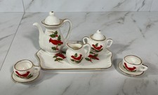 Vintage Lefton Miniature Dollhouse Tea Set Red Cardinal Birds/ Holly 10 Pc 