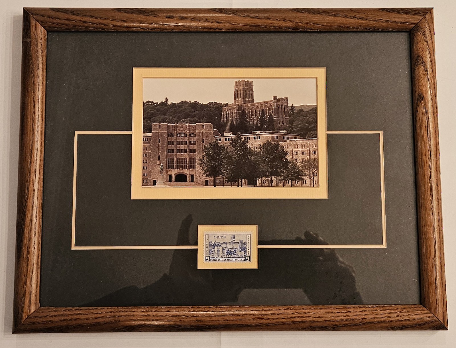 Vintage Framed & Matted West Point Postcard & USPS 1937 5 Cent West Point Stamp