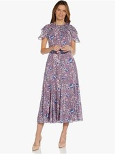 Adrianna Papell Lavender Floral Ruffle-Sleeve Midi Dress
