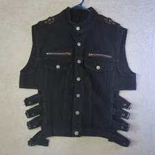Romwe Black Denim Vest Women's Size Small Gothic Grunge Buckles