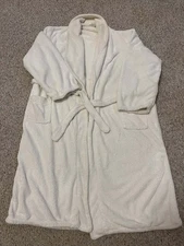 Brookstone Fleece Womens Long Robe Ivory Ultra Plush Bathrobe Cozy Belted Pocket