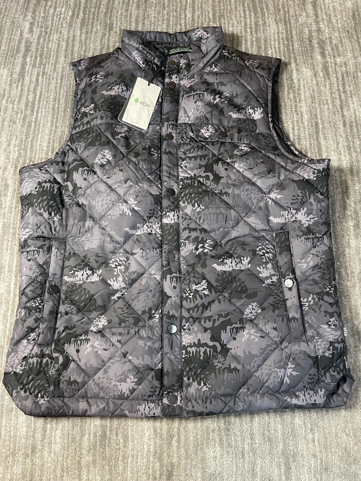 Stio Skycrest Insulated Vest Mens Medium Gray Camo Quilted Outdoor Thermore