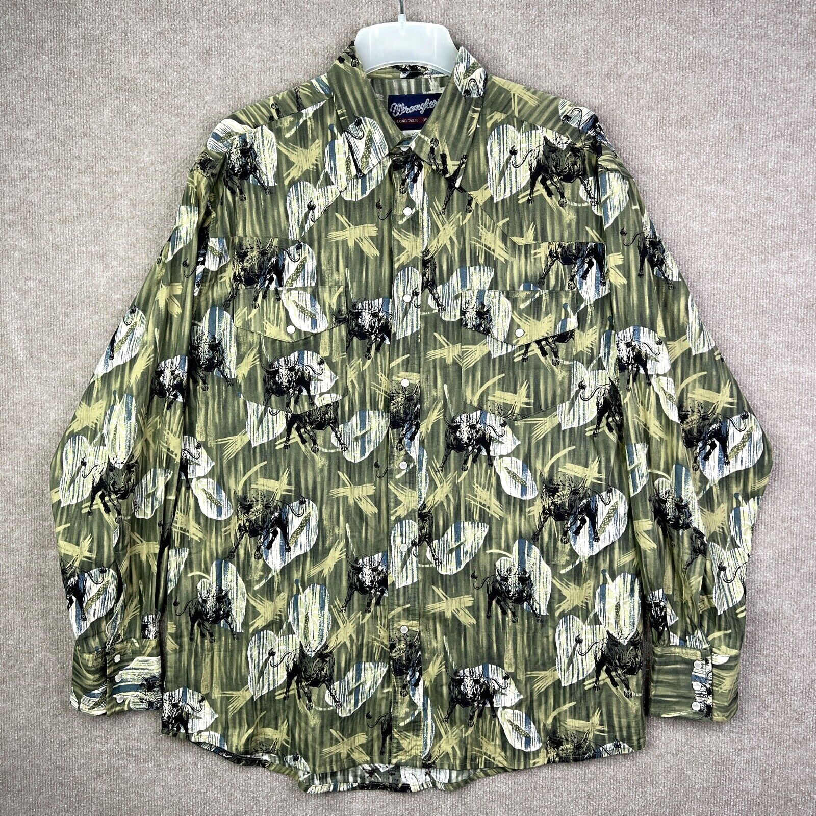 Vintage Wrangler Mens Large 35 165 XL Pearl Snap Rodeo Shirt Long Tails