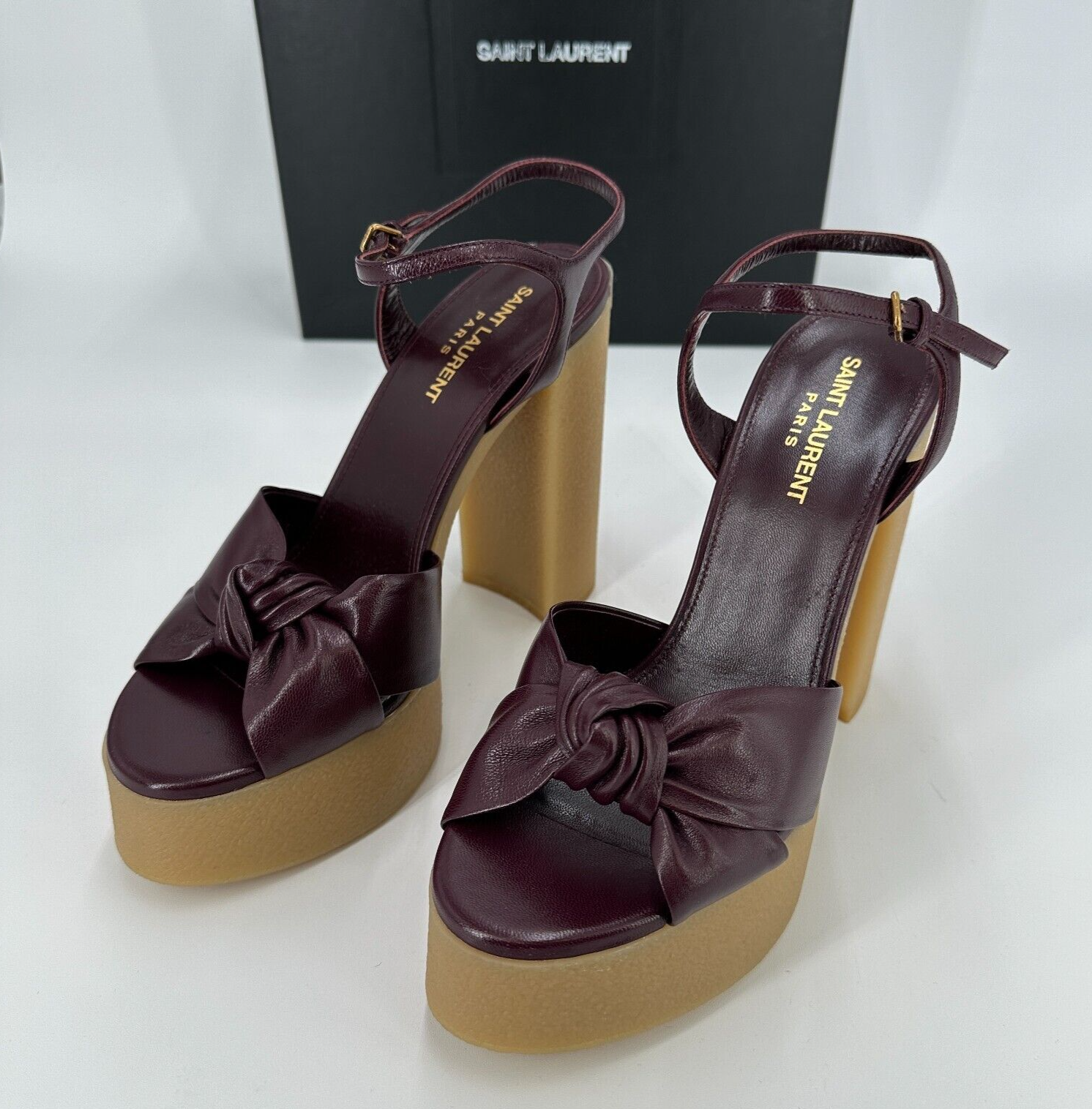 Sandali Saint Laurent Bianca Node tacco alto plateau tg 38 5 EU 8 5 US rosso vino