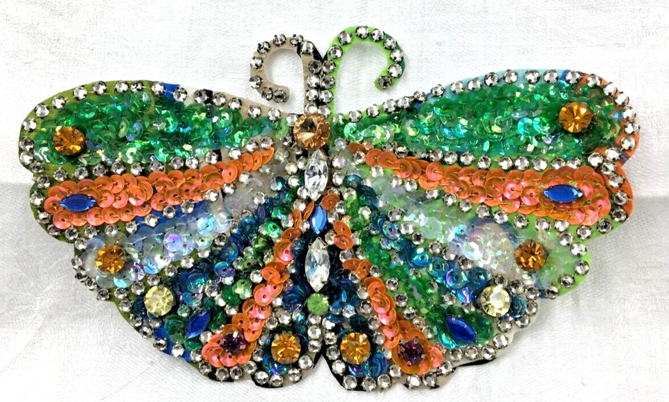 Joyas de vidrio mariposa grandes vintage con lentejuelas hechas a mano apliques para coser 7"x4" Foto 2 de 4