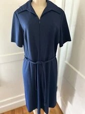 Vtg 60s Nelly Don Zip Front Secretary Dress Tie Belt SZ L/XL Big Collar Dbl Knit