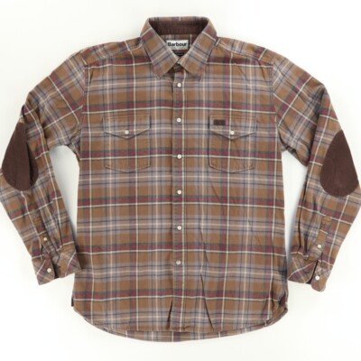 Barbour Elbow Patch Heavy Flannel Cotton Plaid Shirt Brown Men's M