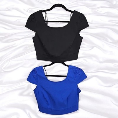 Mine Crop Top Women Large Black and Blue 2pc Zipper Short Cap Sleeve Stretch NWT