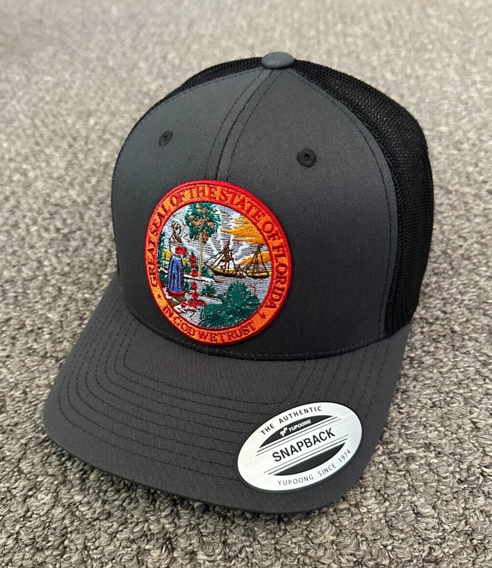 Florida Flag Seal Hat SnapBack Trucker Mesh Cap Custom Handcrafted in Florida