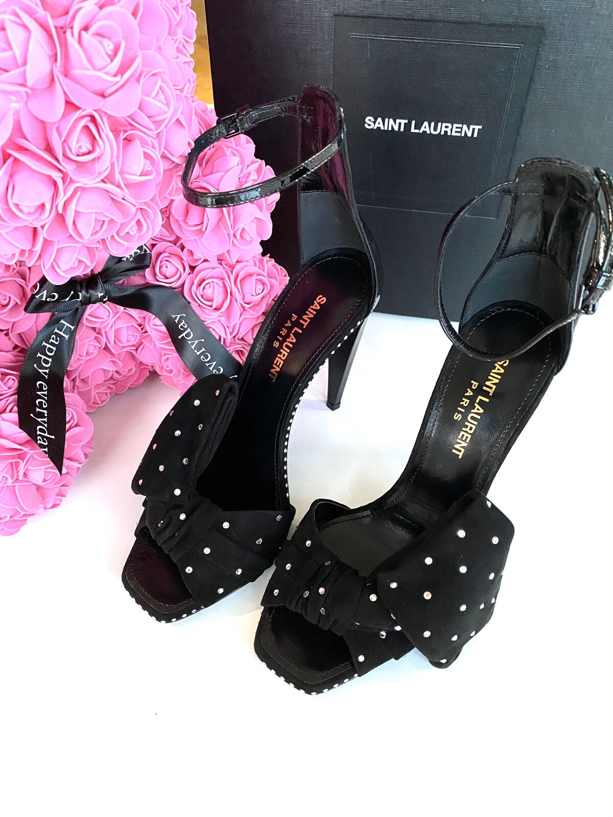 SCARPE SANDALO SAINT LAURENT FREJA NERE SCAMOSCIATE FIOCCO CRISTALLO STRASS PUNTA APERTA 37 NUOVE CON SCATOLA
