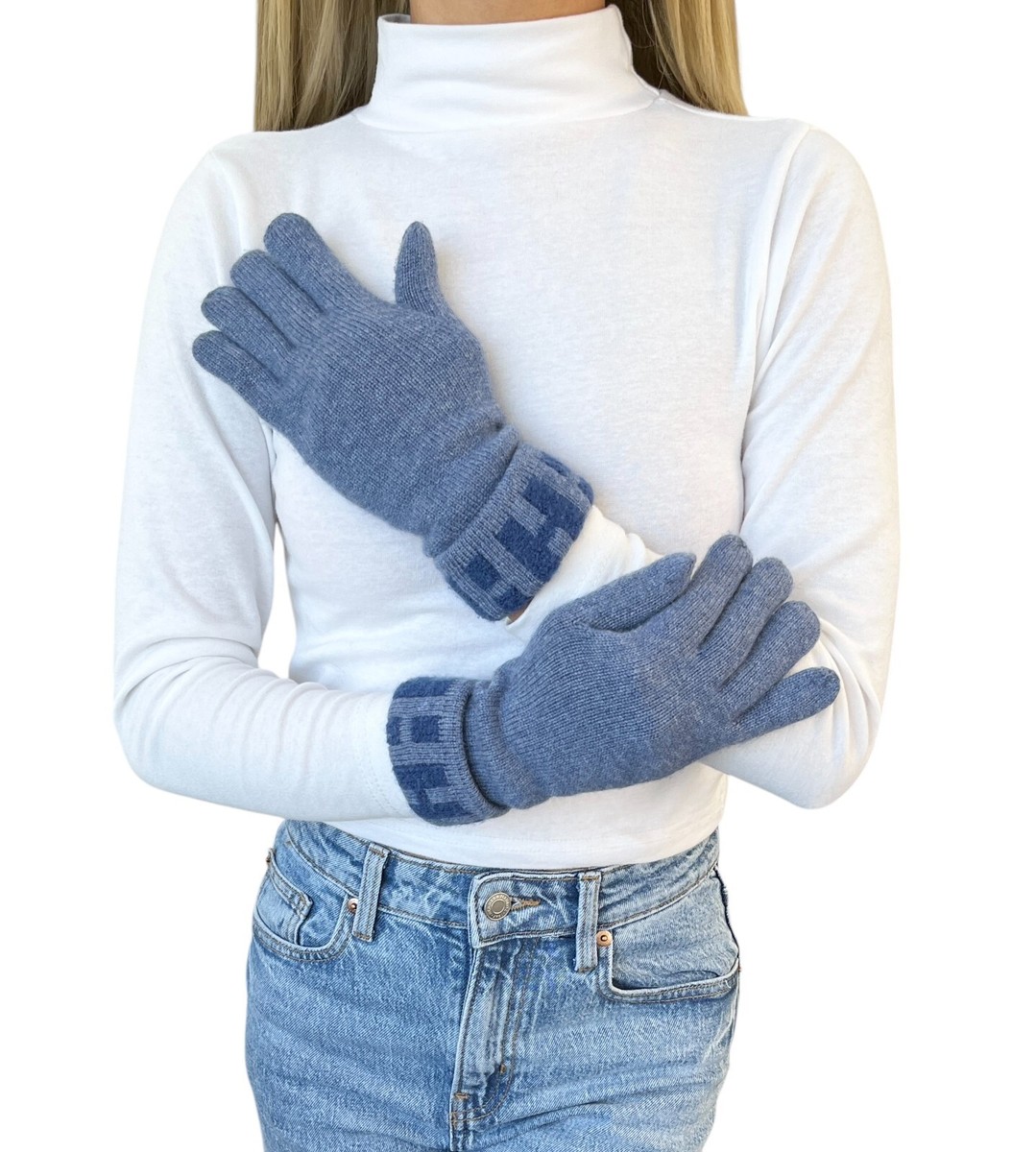 HERMES Vintage H Logo Gloves #S Knit Fashion Winter Accessory Blue