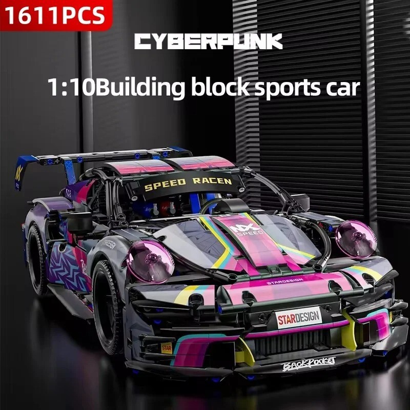 Briques de construction Porsche GT3 Racing style cyberpunk avec direction fonctionnelle
