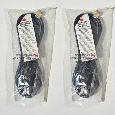 Set of 2 pcs 6' Extension Cord - NEMA 5-15P to NEMA 5-15R, 16AWG, 13A, 3-Prong
